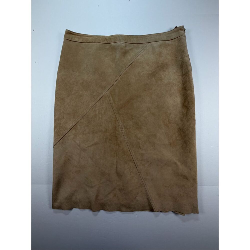 Kate Hill Genuine Suede Leather Midi Lined Skirt Tan A-Line Women’s Size 8 EUC